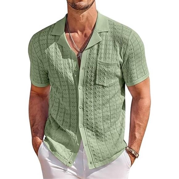 Men's Knit Button Down Shirt Short Sleeve Vintage Polo Shirts Summer - Picture 7 of 7